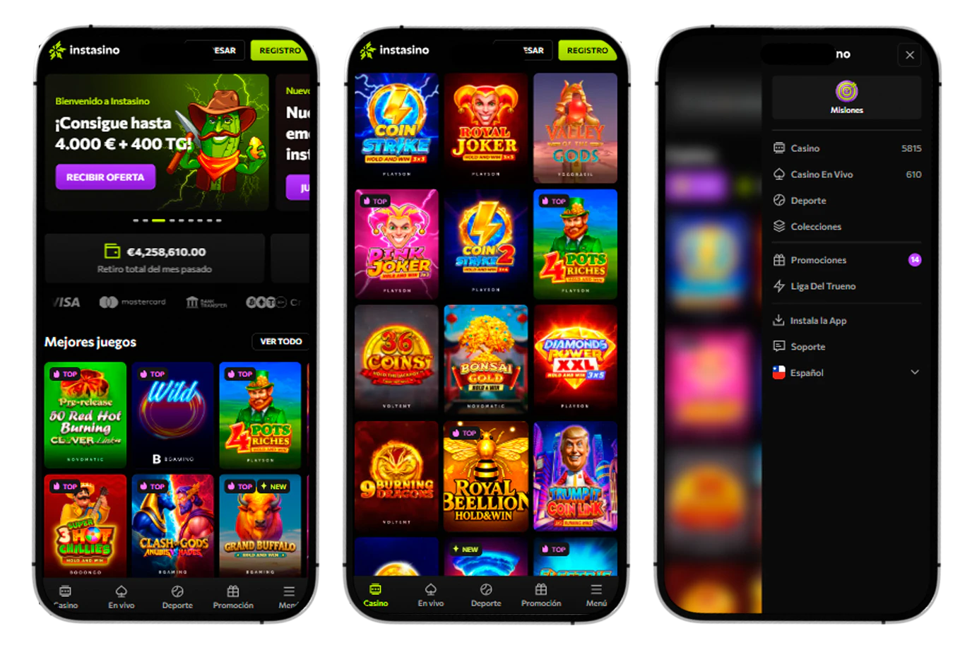 Versión móvil de Instasino Casino adaptada para teléfonos y tablets